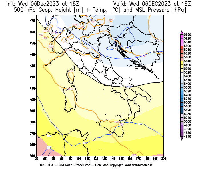 GFS analysi map - Geopotential + Temp. at 500 hPa + Sea Level Pressure in Italy
									on December 6, 2023 H18