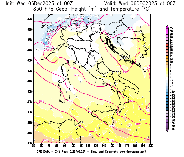 Mappa di analisi GFS - Geopotenziale e Temperatura a 850 hPa in Italia
							del 6 dicembre 2023 z00