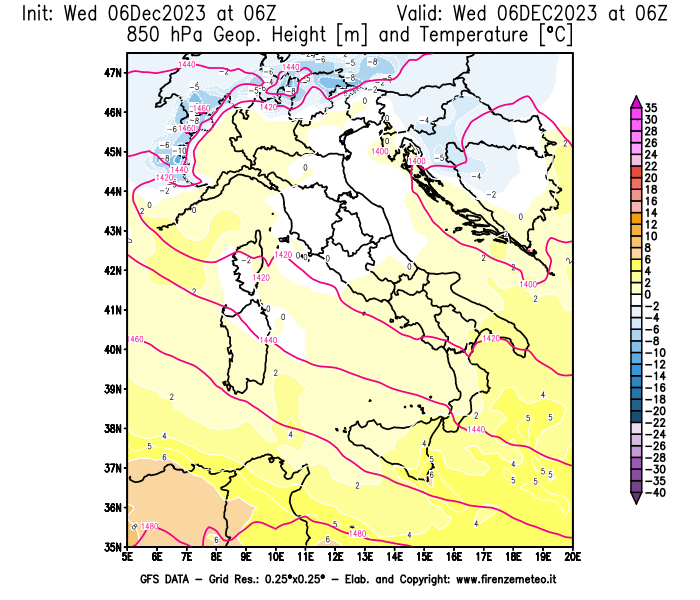 Mappa di analisi GFS - Geopotenziale e Temperatura a 850 hPa in Italia
							del 6 dicembre 2023 z06