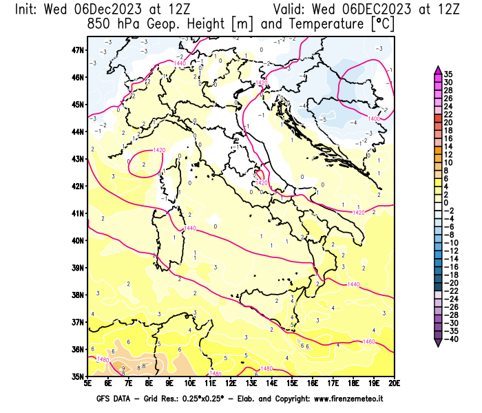 Mappa di analisi GFS - Geopotenziale e Temperatura a 850 hPa in Italia
							del 6 dicembre 2023 z12