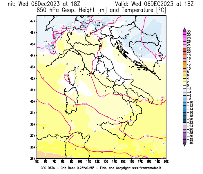 Mappa di analisi GFS - Geopotenziale e Temperatura a 850 hPa in Italia
							del 6 dicembre 2023 z18