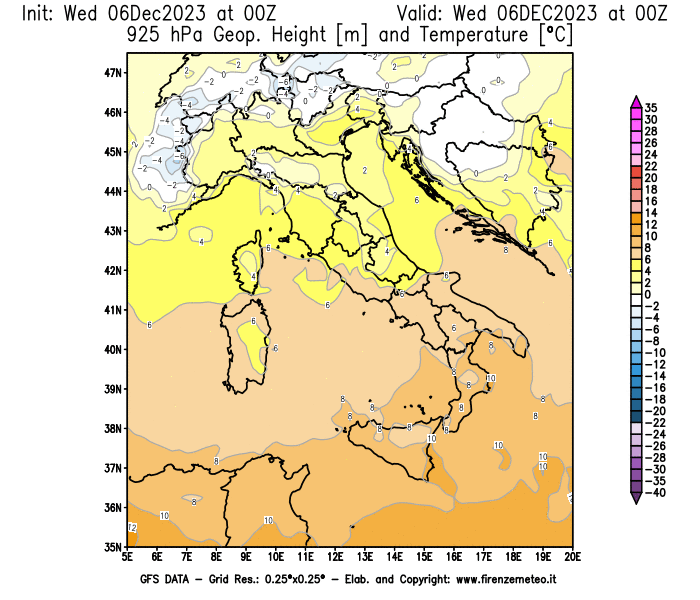 Mappa di analisi GFS - Geopotenziale e Temperatura a 925 hPa in Italia
							del 6 dicembre 2023 z00