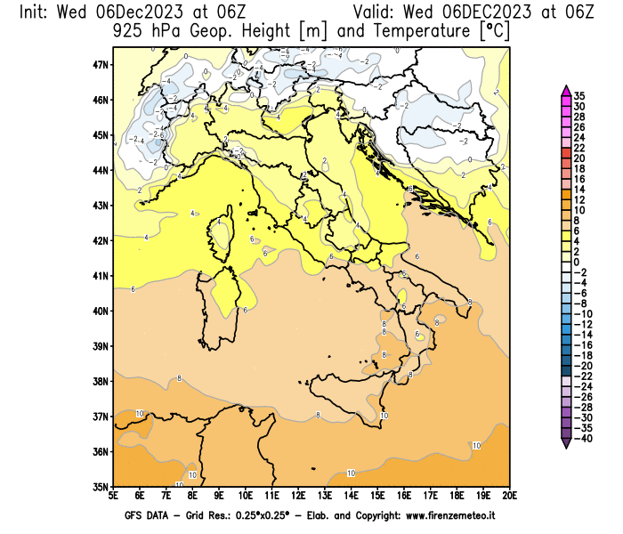 GFS analysi map - Geopotential and Temperature at 925 hPa in Italy
									on December 6, 2023 H06