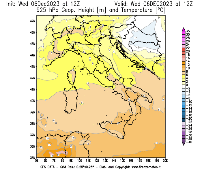 Mappa di analisi GFS - Geopotenziale e Temperatura a 925 hPa in Italia
							del 6 dicembre 2023 z12