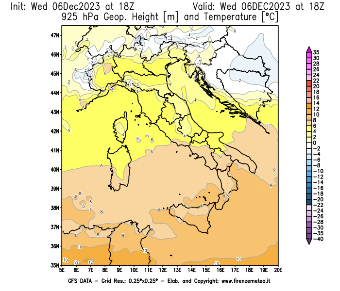 Mappa di analisi GFS - Geopotenziale e Temperatura a 925 hPa in Italia
							del 6 dicembre 2023 z18