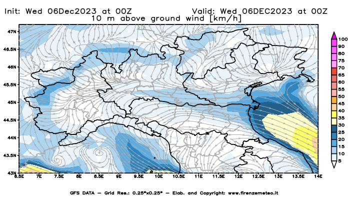 Mappa di analisi GFS - Velocità del vento a 10 metri dal suolo in Nord-Italia
							del 6 dicembre 2023 z00