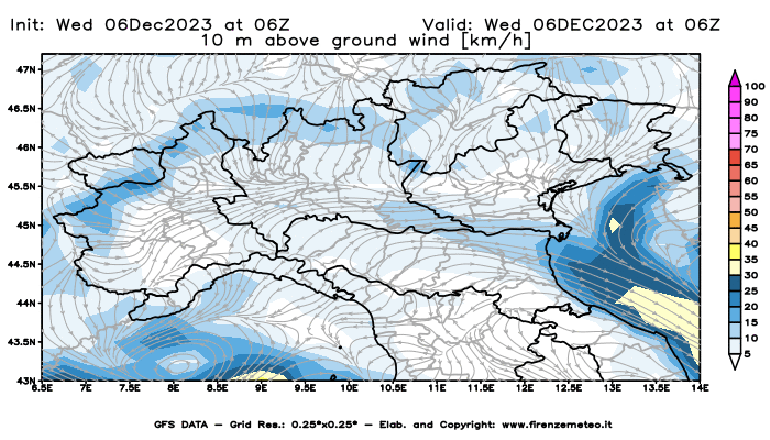 GFS analysi map - Wind Speed at 10 m above ground in Northern Italy
									on December 6, 2023 H06