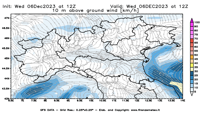 Mappa di analisi GFS - Velocità del vento a 10 metri dal suolo in Nord-Italia
							del 6 dicembre 2023 z12