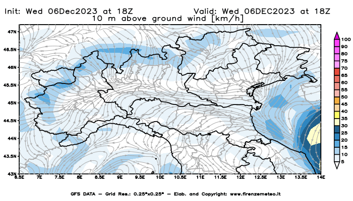 Mappa di analisi GFS - Velocità del vento a 10 metri dal suolo in Nord-Italia
							del 6 dicembre 2023 z18