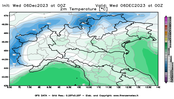 GFS analysi map - Temperature at 2 m above ground in Northern Italy
									on December 6, 2023 H00