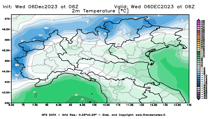 GFS analysi map - Temperature at 2 m above ground in Northern Italy
									on December 6, 2023 H06