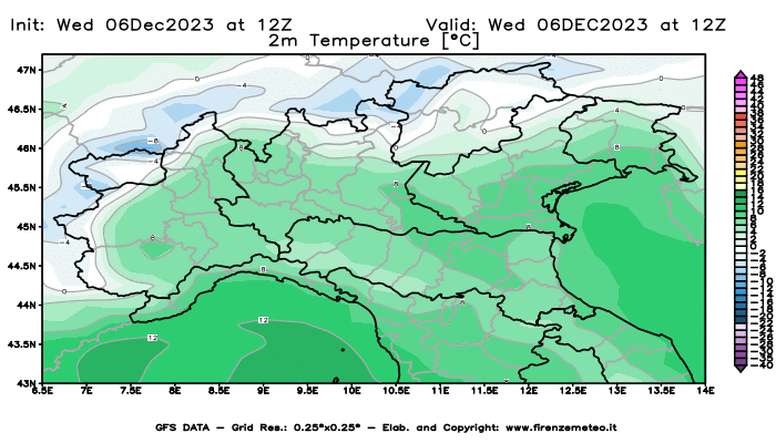 GFS analysi map - Temperature at 2 m above ground in Northern Italy
									on December 6, 2023 H12