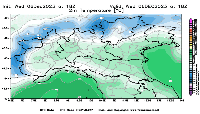 GFS analysi map - Temperature at 2 m above ground in Northern Italy
									on December 6, 2023 H18