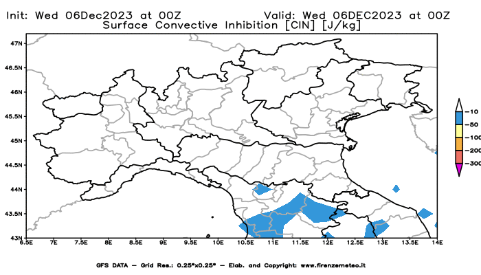 Mappa di analisi GFS - CIN in Nord-Italia
							del 6 dicembre 2023 z00