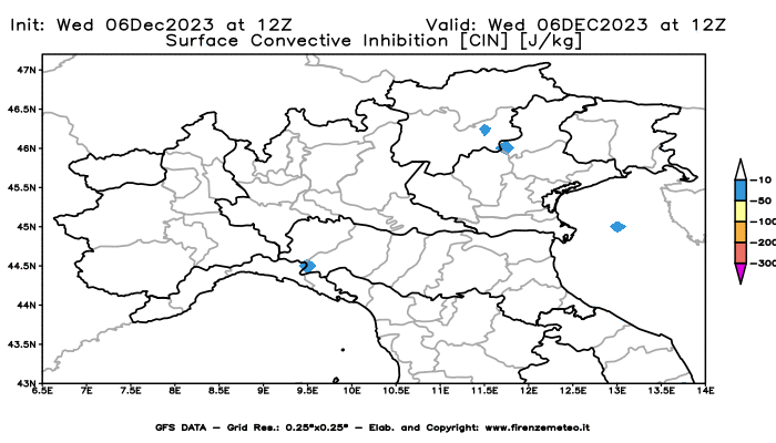 GFS analysi map - CIN in Northern Italy
									on December 6, 2023 H12