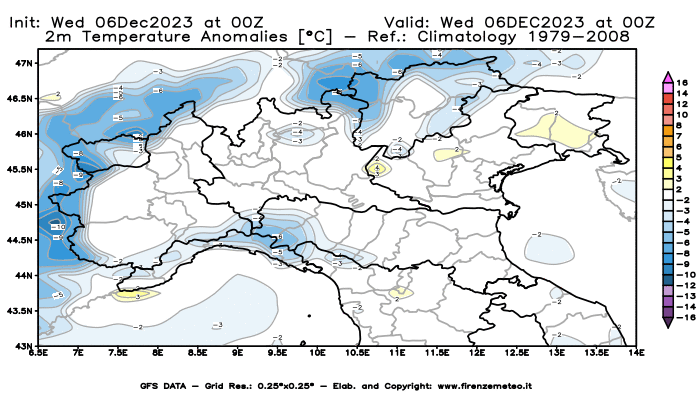 Mappa di analisi GFS - Anomalia Temperatura a 2 m in Nord-Italia
							del 6 dicembre 2023 z00