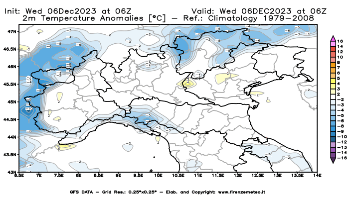 Mappa di analisi GFS - Anomalia Temperatura a 2 m in Nord-Italia
							del 6 dicembre 2023 z06