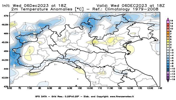 Mappa di analisi GFS - Anomalia Temperatura a 2 m in Nord-Italia
							del 6 dicembre 2023 z18