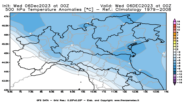 Mappa di analisi GFS - Anomalia Temperatura a 500 hPa in Nord-Italia
							del 6 dicembre 2023 z00