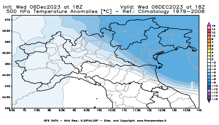 Mappa di analisi GFS - Anomalia Temperatura a 500 hPa in Nord-Italia
							del 6 dicembre 2023 z18