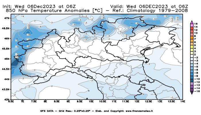 Mappa di analisi GFS - Anomalia Temperatura a 850 hPa in Nord-Italia
							del 6 dicembre 2023 z06