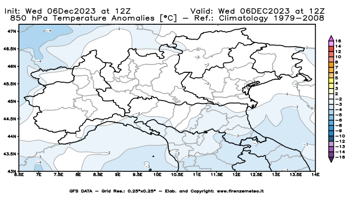 Mappa di analisi GFS - Anomalia Temperatura a 850 hPa in Nord-Italia
							del 6 dicembre 2023 z12