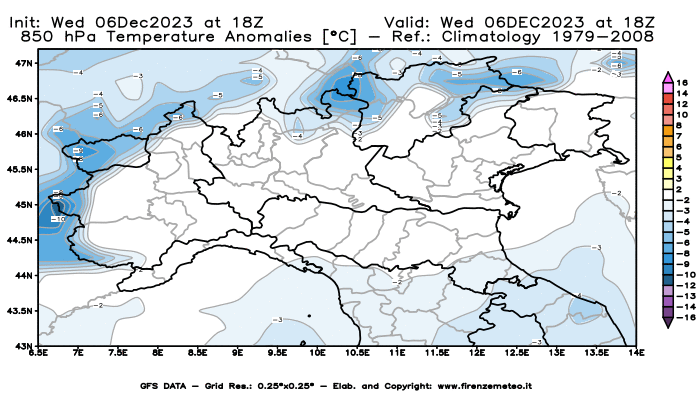 Mappa di analisi GFS - Anomalia Temperatura a 850 hPa in Nord-Italia
							del 6 dicembre 2023 z18