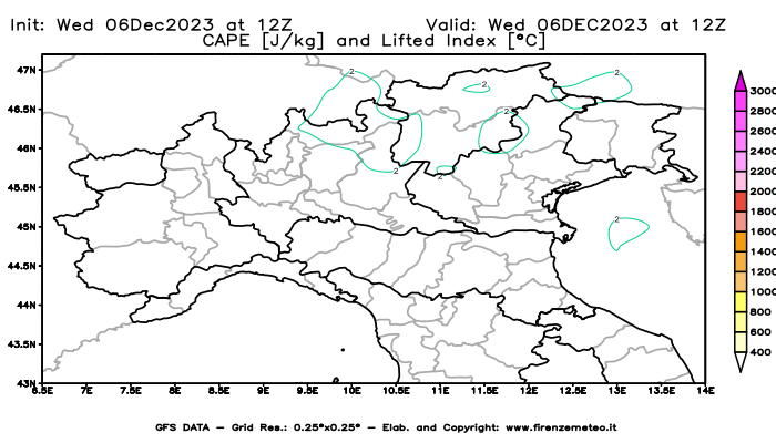 GFS analysi map - CAPE and Lifted Index in Northern Italy
									on December 6, 2023 H12