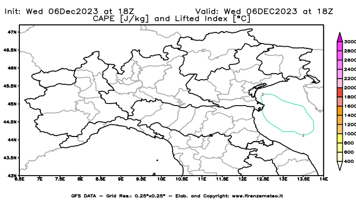 GFS analysi map - CAPE and Lifted Index in Northern Italy
									on December 6, 2023 H18