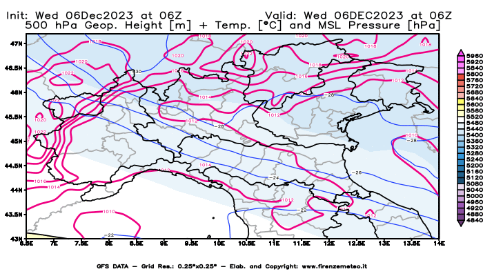 GFS analysi map - Geopotential + Temp. at 500 hPa + Sea Level Pressure in Northern Italy
									on December 6, 2023 H06