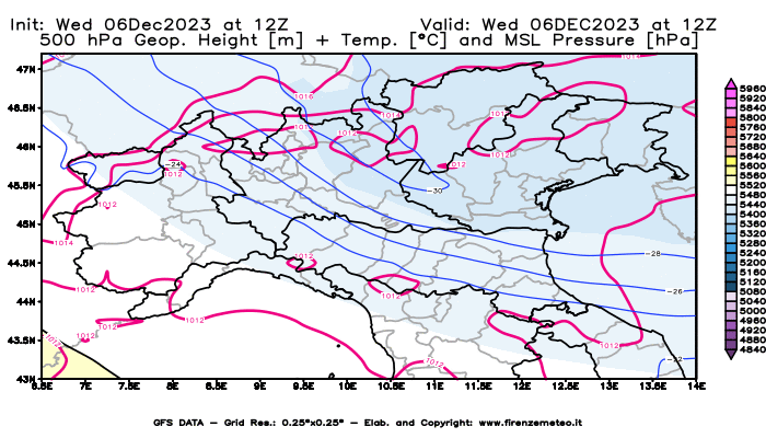 GFS analysi map - Geopotential + Temp. at 500 hPa + Sea Level Pressure in Northern Italy
									on December 6, 2023 H12