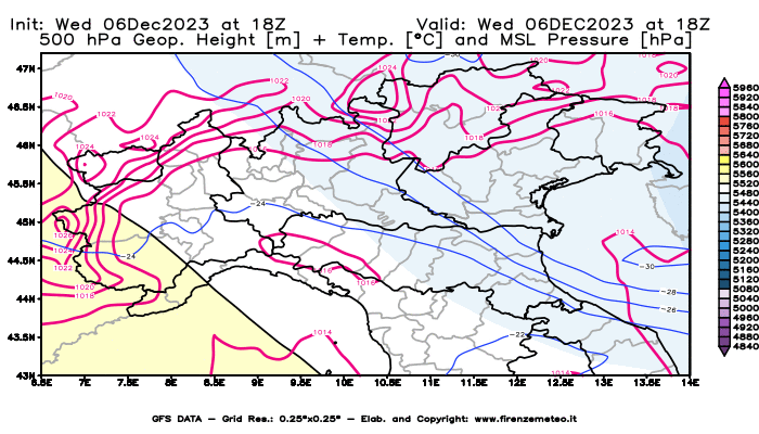 GFS analysi map - Geopotential + Temp. at 500 hPa + Sea Level Pressure in Northern Italy
									on December 6, 2023 H18