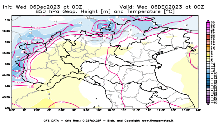 GFS analysi map - Geopotential and Temperature at 850 hPa in Northern Italy
									on December 6, 2023 H00