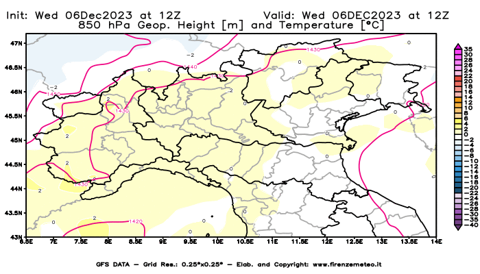 Mappa di analisi GFS - Geopotenziale e Temperatura a 850 hPa in Nord-Italia
							del 6 dicembre 2023 z12