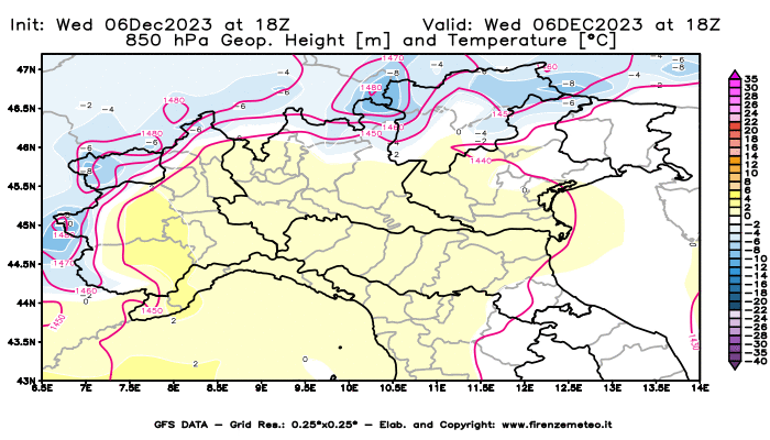 GFS analysi map - Geopotential and Temperature at 850 hPa in Northern Italy
									on December 6, 2023 H18