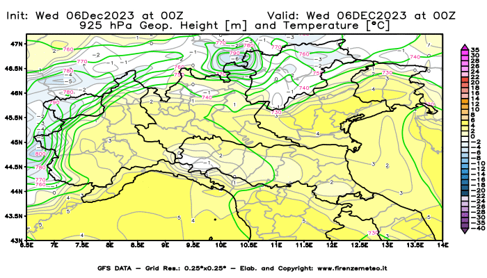 GFS analysi map - Geopotential and Temperature at 925 hPa in Northern Italy
									on December 6, 2023 H00