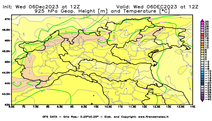 GFS analysi map - Geopotential and Temperature at 925 hPa in Northern Italy
									on December 6, 2023 H12