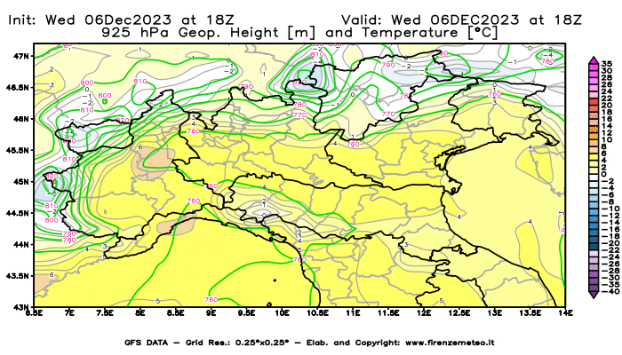 GFS analysi map - Geopotential and Temperature at 925 hPa in Northern Italy
									on December 6, 2023 H18