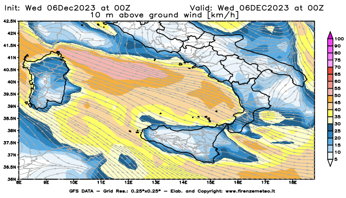 Mappa di analisi GFS - Velocità del vento a 10 metri dal suolo in Sud-Italia
							del 6 dicembre 2023 z00