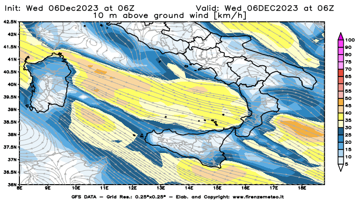 Mappa di analisi GFS - Velocità del vento a 10 metri dal suolo in Sud-Italia
							del 6 dicembre 2023 z06
