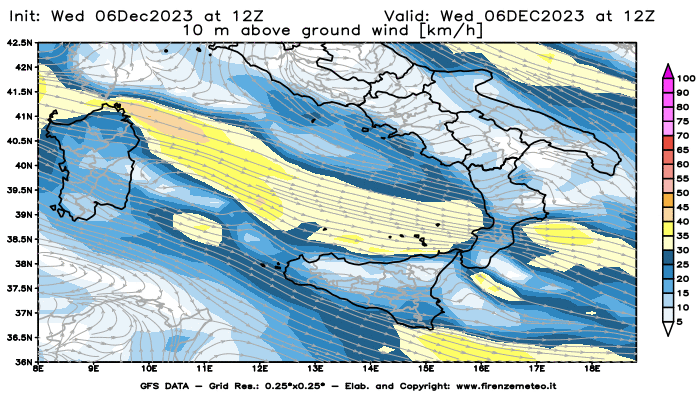 Mappa di analisi GFS - Velocità del vento a 10 metri dal suolo in Sud-Italia
							del 6 dicembre 2023 z12