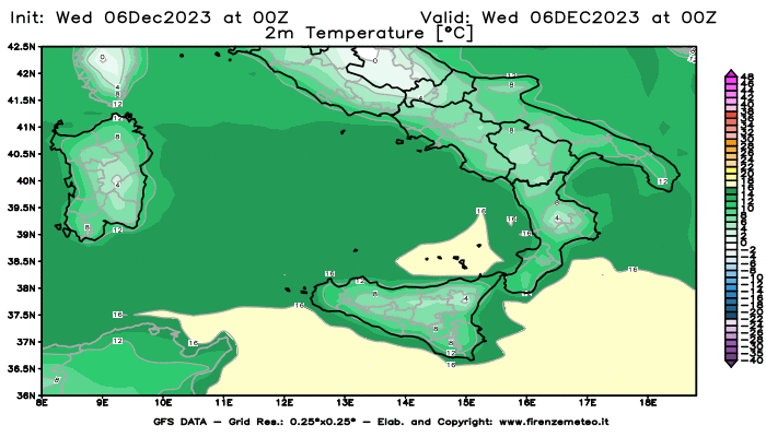 GFS analysi map - Temperature at 2 m above ground in Southern Italy
									on December 6, 2023 H00