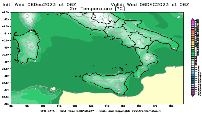GFS analysi map - Temperature at 2 m above ground in Southern Italy
									on December 6, 2023 H06