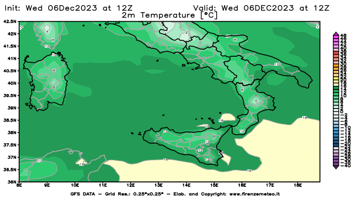 GFS analysi map - Temperature at 2 m above ground in Southern Italy
									on December 6, 2023 H12