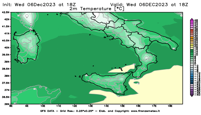 GFS analysi map - Temperature at 2 m above ground in Southern Italy
									on December 6, 2023 H18