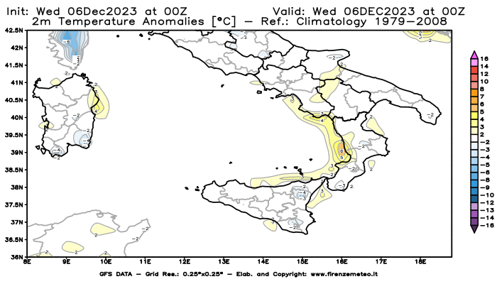 Mappa di analisi GFS - Anomalia Temperatura a 2 m in Sud-Italia
							del 6 dicembre 2023 z00