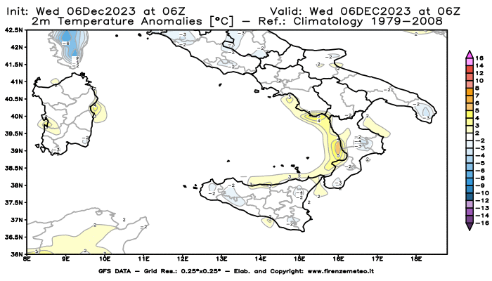 Mappa di analisi GFS - Anomalia Temperatura a 2 m in Sud-Italia
							del 6 dicembre 2023 z06