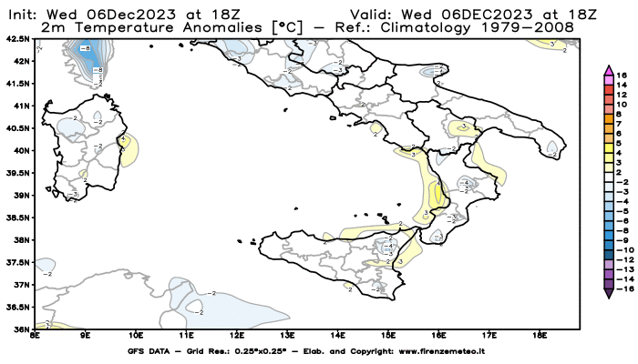 Mappa di analisi GFS - Anomalia Temperatura a 2 m in Sud-Italia
							del 6 dicembre 2023 z18