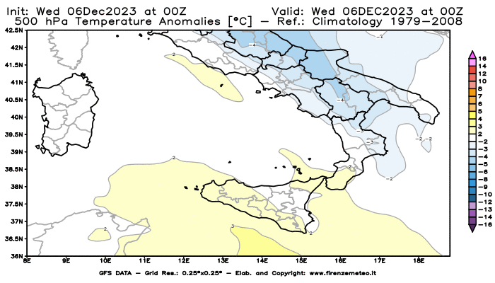 Mappa di analisi GFS - Anomalia Temperatura a 500 hPa in Sud-Italia
							del 6 dicembre 2023 z00