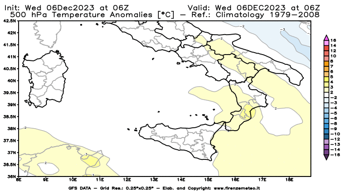Mappa di analisi GFS - Anomalia Temperatura a 500 hPa in Sud-Italia
							del 6 dicembre 2023 z06